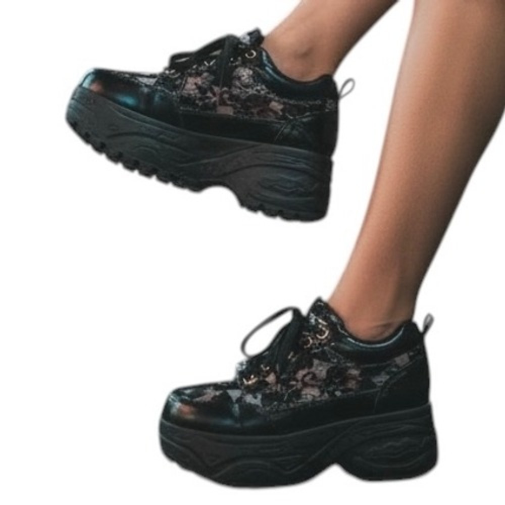 Yosuke Black Floral Lace Platform Shoes Sz 37 Chunky Harajuku Anime Cosplay Goth